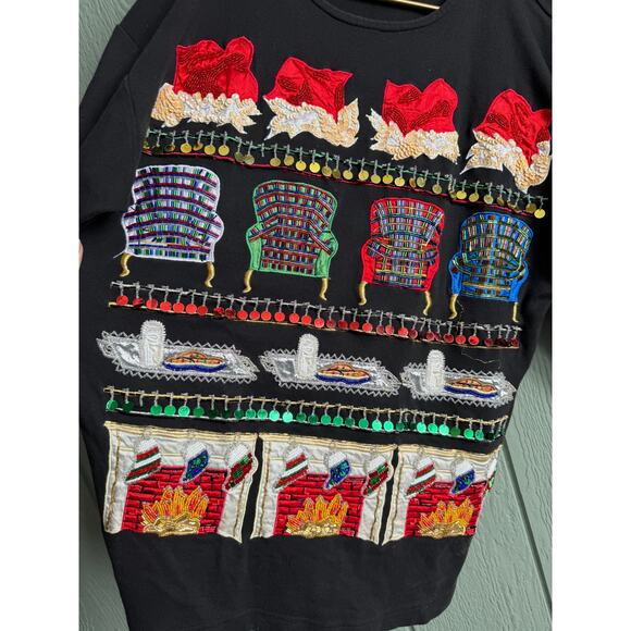 Vintage 90s Cedars Beaded Christmas 3/4 Sleeve Top – Santa Medium - Picture 3 of 6